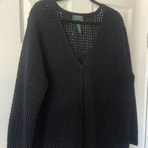 Lauren Ralph Lauren 3x Black Cardigan Sweater Lady Jacket cotton crochet